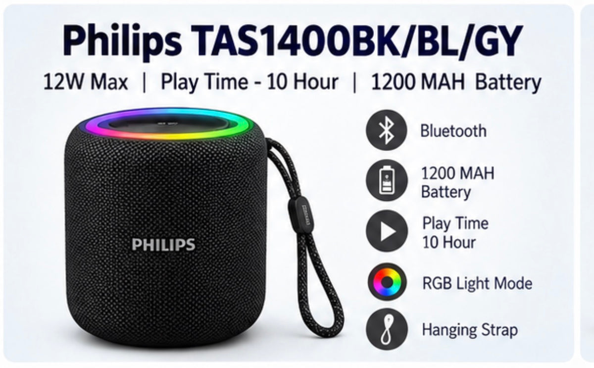 Philips TAS1400BK/BL/GY  - 12W Max, Play Time-10 Hour, 1200 MAH Battery, BT/TF/USB/RGB Light Mode, Hanging Strap