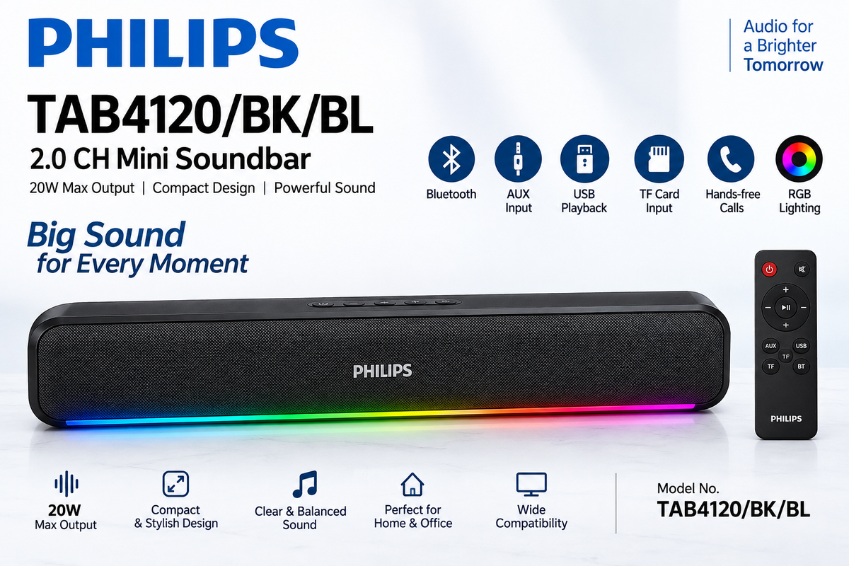 Philips TAB4120/BK/BL  - 2.0 CH/20W Max, Mini Soundbar,BT, AUX, USB, TF, TWS, Hands-free calls, RGB lightin