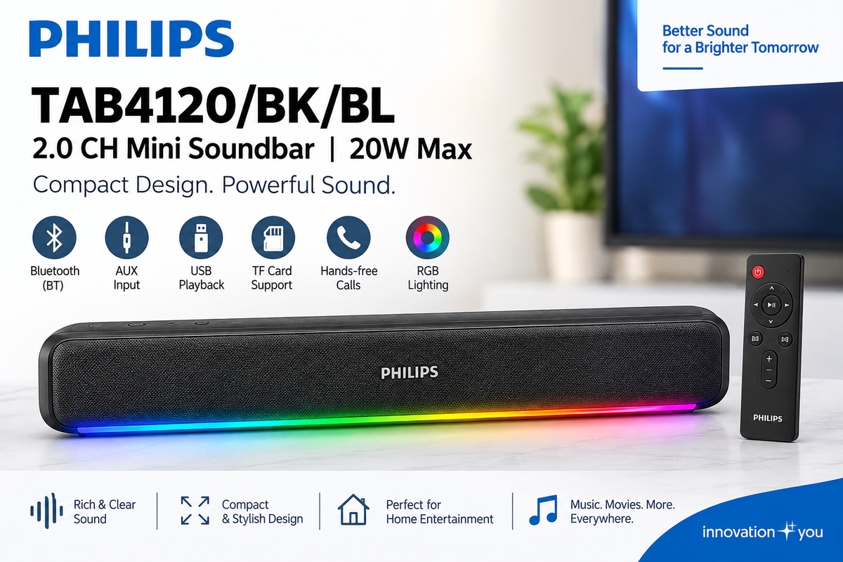 Philips TAB4120/BK/BL  - 2.0 CH/20W Max, Mini Soundbar,BT, AUX, USB, TF, TWS, Hands-free calls, RGB lightin